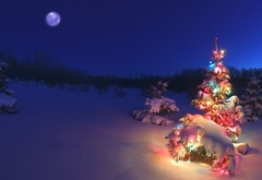 ночь, елка, снег, новый год, фонарики