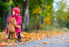 little girl, child, children, childhood, trees, road, teddy bear, autumn, lonely,  , , , , , ,  , , 