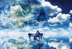 Человек, скамейка, планета, облака