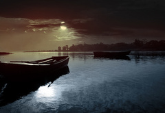 лодки, озеро, облака, солнце, закат