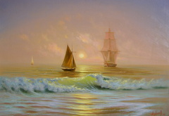 море, корабли, закат, картина, рисунок, необычно