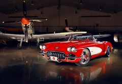 Chevrolet, Corvette, c1, 1959, Custom, by Pogea Racing, шевроле, корвет, с1, кастом, классика, тюнинг, tuning, красный, диски, передок, самолёты, ангар, полумрак